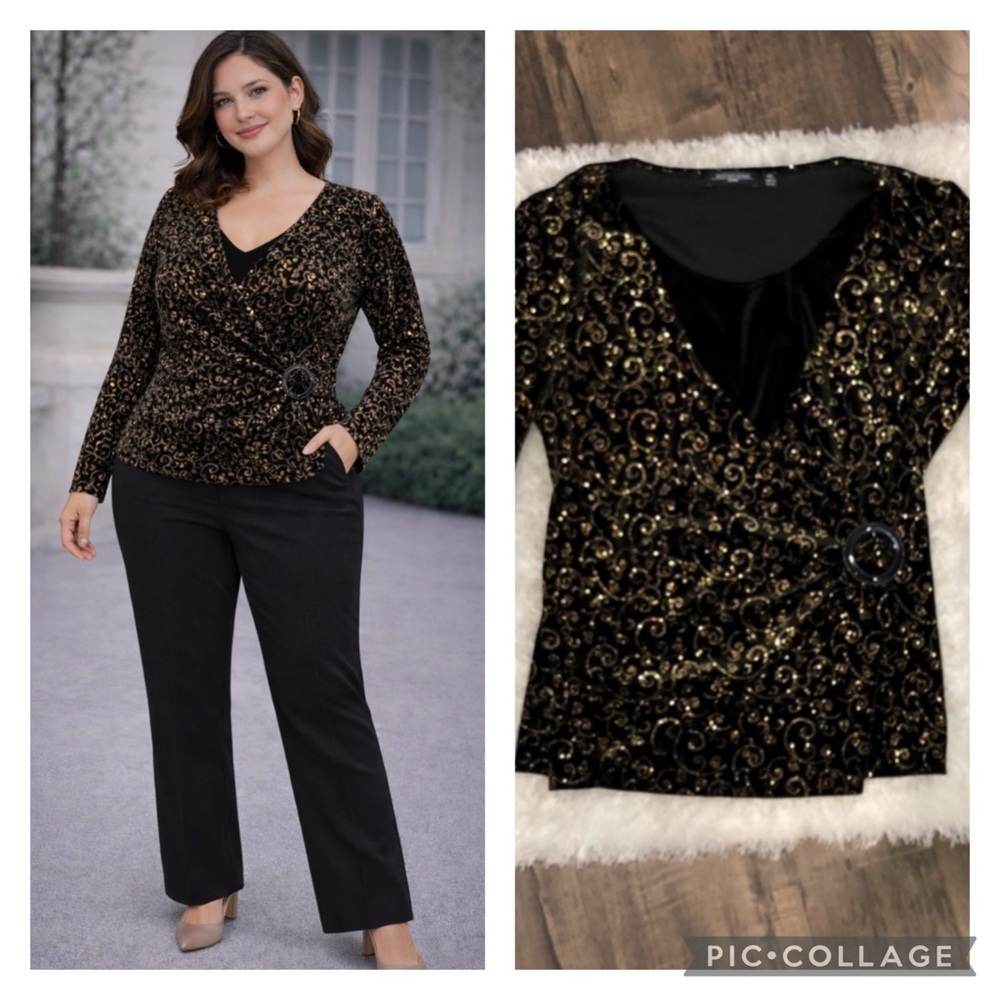 Long sleeve black velour with gold blouse